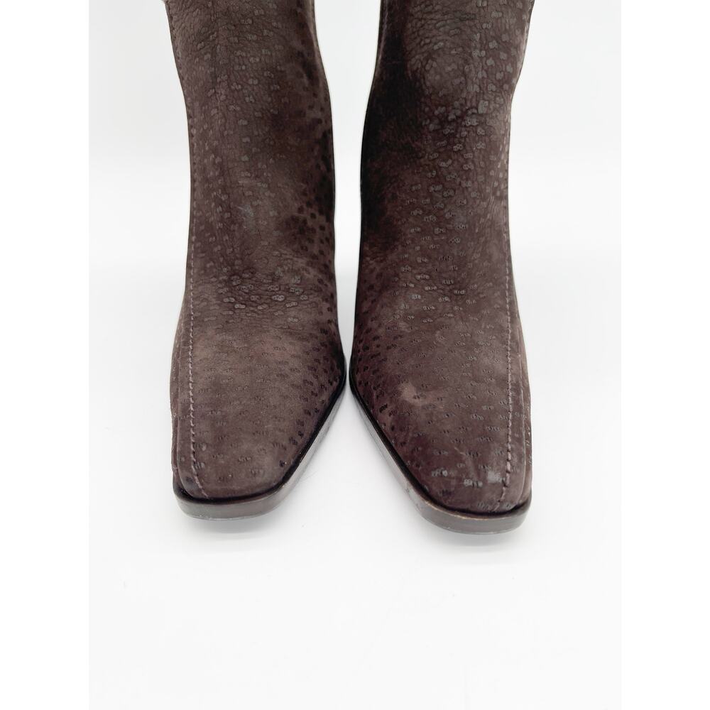 Prada Vintage Brown Embossed Nubuck Square Toe Heeled Knee High Boots IT 36.5 - Picture 8 of 14